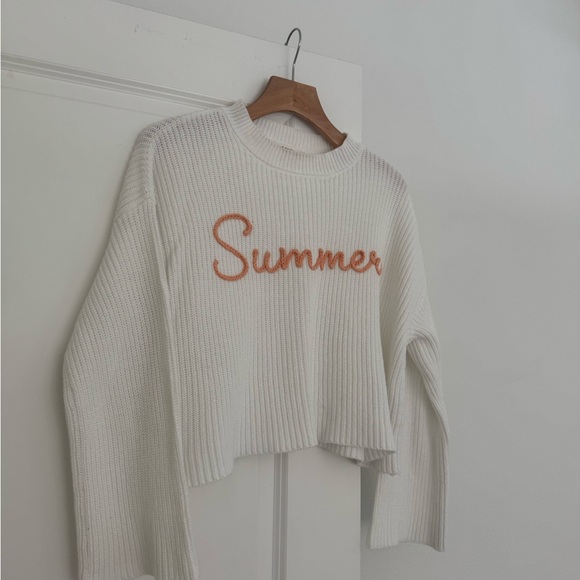 Moon & Madison white ribbed knit Summer embroidered cropped sweater size MEDIUM - Picture 2 of 5